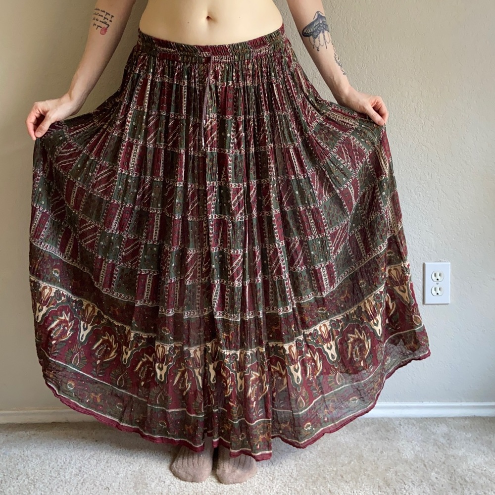 Vintage 100% Cotton Boho Maxi Skirt Elastic Waist Paisley Print